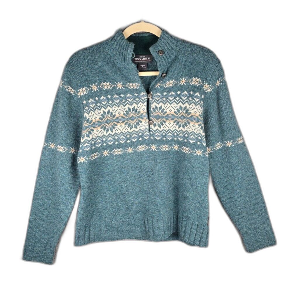 Woolrich Sweater Blue Green M 100% Lambswool Fair Isle Nordic Half Button